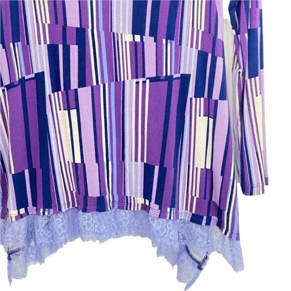 LOGO Lori Goldstein Tunic Top Size XS Striped Purple Lace Bottom Long Sleeve - Picture 4 of 8